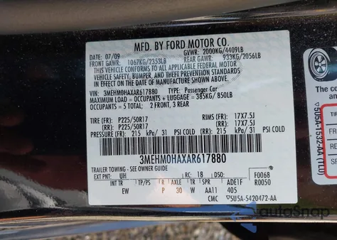 2010 Mercury Milan from USA, damaged, VIN 3MEHM0HAXAR617880